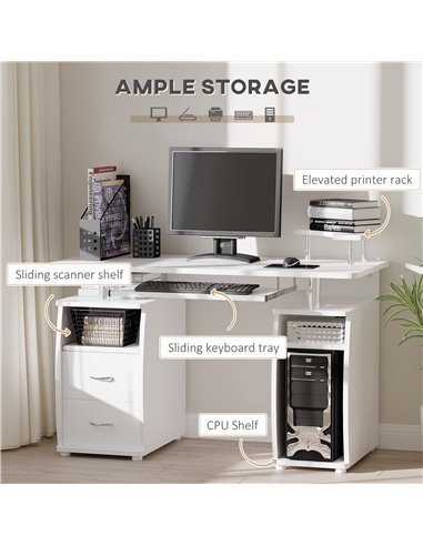 HOMCOM Computer Desk Office PC Table Workstation Gaming Study with Keyboard Tray, CPU Shelf, Wooden, Drawers, Sliding Scanner Sh