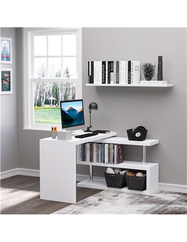 HOMCOM 360���� Rotating L-Shaped Corner Computer Desk Home Office Writing Table Swivel Workstation with Storage Shelf, White