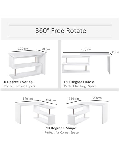 HOMCOM 360���� Rotating L-Shaped Corner Computer Desk Home Office Writing Table Swivel Workstation with Storage Shelf, White