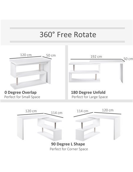 HOMCOM 360���� Rotating L-Shaped Corner Computer Desk Home Office Writing Table Swivel Workstation with Storage Shelf, White - pic 7711 | FastDaddyshop