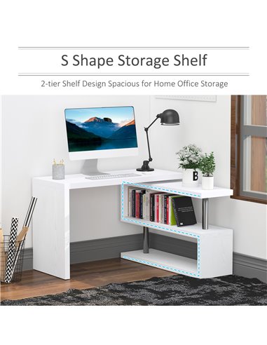 HOMCOM 360���� Rotating L-Shaped Corner Computer Desk Home Office Writing Table Swivel Workstation with Storage Shelf, White