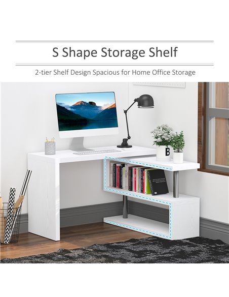 HOMCOM 360���� Rotating L-Shaped Corner Computer Desk Home Office Writing Table Swivel Workstation with Storage Shelf, White - pic 7712 | FastDaddyshop