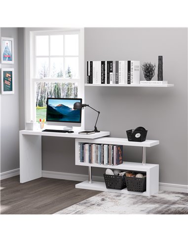HOMCOM 360���� Rotating L-Shaped Corner Computer Desk Home Office Writing Table Swivel Workstation with Storage Shelf, White