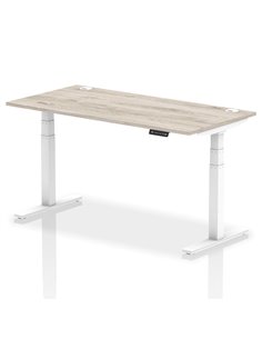 Dynamic Air 1600 x 800mm Height Adjustable Office Desk Grey Oak Top Cable Ports White Leg HA01174