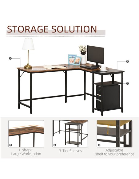 HOMCOM L-Shaped Computer Desk Industrial Cornor Writing Desk with Adjustable Storage Shelf Space-Saving Home Office Workstation  - pic 7771 | FastDaddyshop