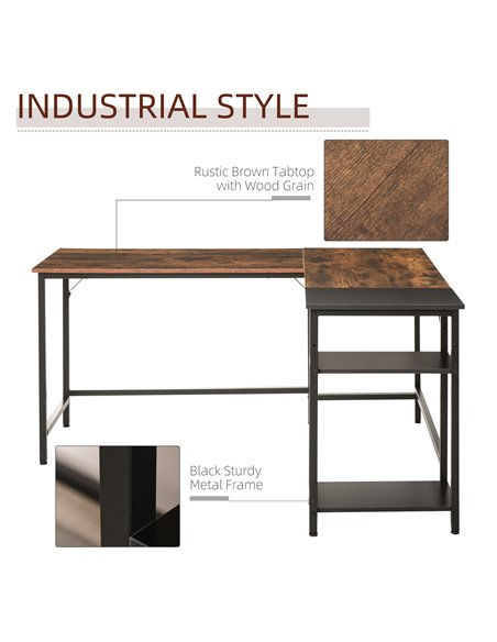 HOMCOM L-Shaped Computer Desk Industrial Cornor Writing Desk with Adjustable Storage Shelf Space-Saving Home Office Workstation  - pic 7772 | FastDaddyshop