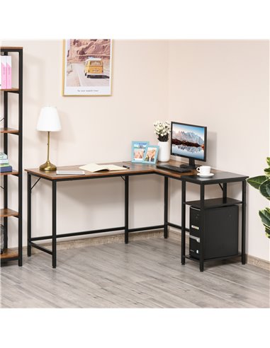 HOMCOM L-Shaped Computer Desk Industrial Cornor Writing Desk with Adjustable Storage Shelf Space-Saving Home Office Workstation 