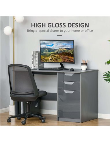 HOMCOM High Gloss Computer Desk with Drawers, Modern Writing Workstation with Storage Cabinet, PC Study Table for Home, Office, 