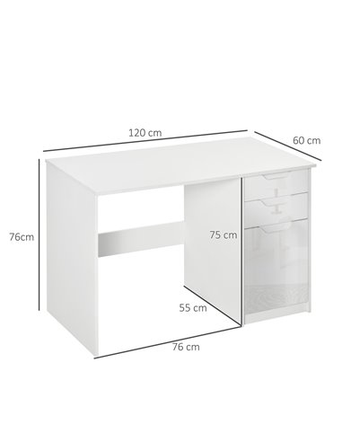 HOMCOM High Gloss Computer Desk with Drawers, Modern Writing Workstation with Storage Cabinet, PC Study Table for Home, Office, 