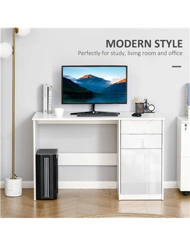 HOMCOM High Gloss Computer Desk with Drawers, Modern Writing Workstation with Storage Cabinet, PC Study Table for Home, Office, 