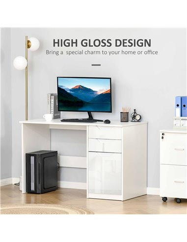HOMCOM High Gloss Computer Desk with Drawers, Modern Writing Workstation with Storage Cabinet, PC Study Table for Home, Office, 