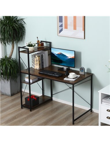 HOMCOM Computer Desk PC Table Study Workstation Home Office with 4-tier Bookshelf Storage Metal Frame Wooden Top (Rustic Brown &