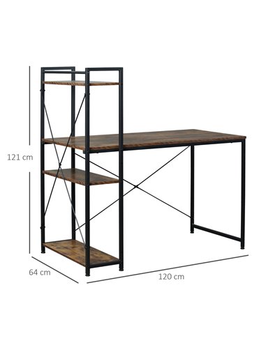 HOMCOM Computer Desk PC Table Study Workstation Home Office with 4-tier Bookshelf Storage Metal Frame Wooden Top (Rustic Brown &
