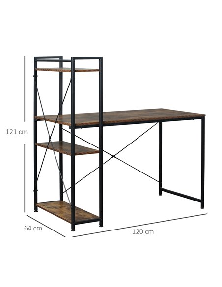 HOMCOM Computer Desk PC Table Study Workstation Home Office with 4-tier Bookshelf Storage Metal Frame Wooden Top (Rustic Brown & - pic 7850 | FastDaddyshop