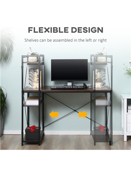 HOMCOM Computer Desk PC Table Study Workstation Home Office with 4-tier Bookshelf Storage Metal Frame Wooden Top (Rustic Brown & - pic 7851 | FastDaddyshop