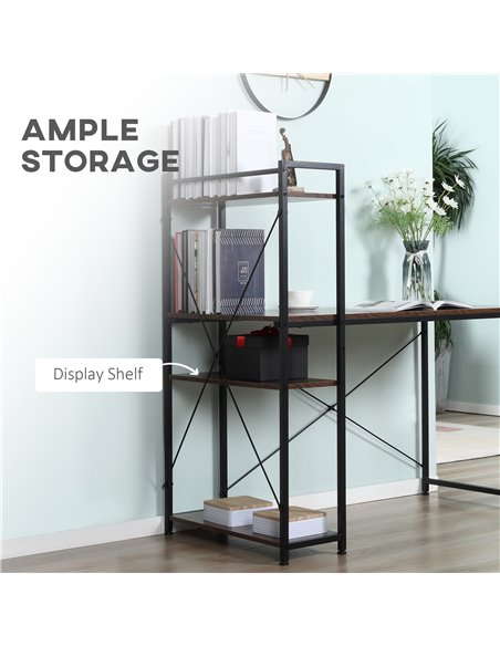 HOMCOM Computer Desk PC Table Study Workstation Home Office with 4-tier Bookshelf Storage Metal Frame Wooden Top (Rustic Brown & - pic 7852 | FastDaddyshop