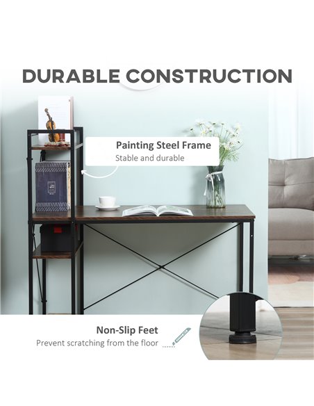 HOMCOM Computer Desk PC Table Study Workstation Home Office with 4-tier Bookshelf Storage Metal Frame Wooden Top (Rustic Brown & - pic 7853 | FastDaddyshop