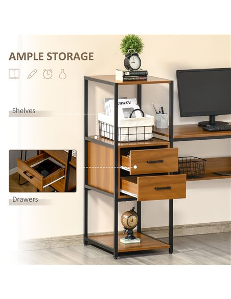 HOMCOM Industrial Style Home Office Computer Desk with Storage Shelf Drawer, PC Study Table Writing Workstation, Light Walnut Br - pic 7859 | FastDaddyshop