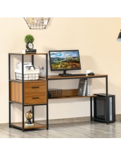 Homcom Industrial Style Computer Desk with Storage Shelf Drawer, Light Walnut Brown Black 2