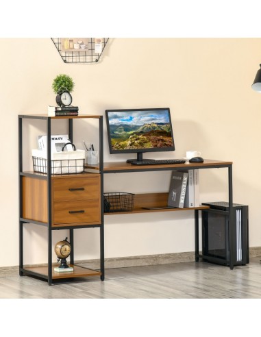 Homcom Industrial Style Computer Desk with Storage Shelf Drawer, Light Walnut Brown Black