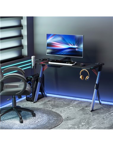 HOMCOM LED Breathing Lights Gaming Desk Computer Desk Carbon Fiber Feel Desktop Steel Frame with Cup Holder, Headphone Hook, Bas