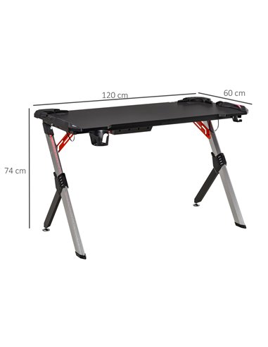 HOMCOM LED Breathing Lights Gaming Desk Computer Desk Carbon Fiber Feel Desktop Steel Frame with Cup Holder, Headphone Hook, Bas