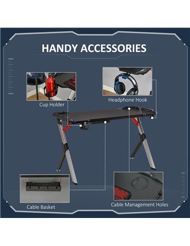 HOMCOM LED Breathing Lights Gaming Desk Computer Desk Carbon Fiber Feel Desktop Steel Frame with Cup Holder, Headphone Hook, Bas