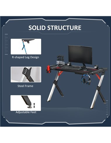 HOMCOM LED Breathing Lights Gaming Desk Computer Desk Carbon Fiber Feel Desktop Steel Frame with Cup Holder, Headphone Hook, Bas