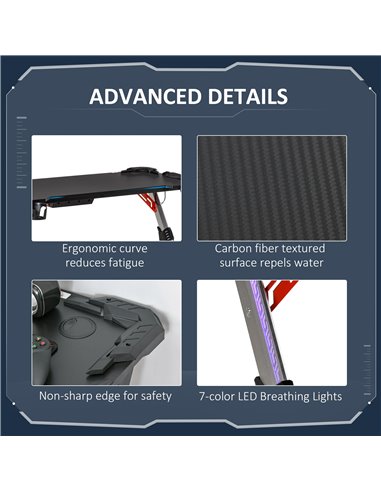 HOMCOM LED Breathing Lights Gaming Desk Computer Desk Carbon Fiber Feel Desktop Steel Frame with Cup Holder, Headphone Hook, Bas