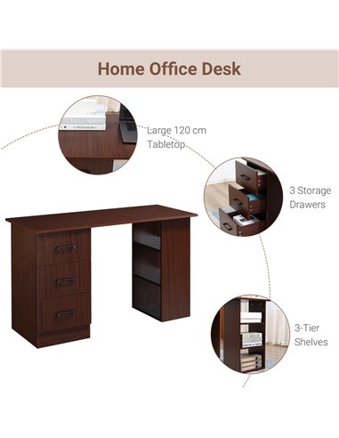 HOMCOM 120cm Computer Desk with Storage Shelves Drawers, Writing Table Study Workstation for Home Office, Walnut Brown