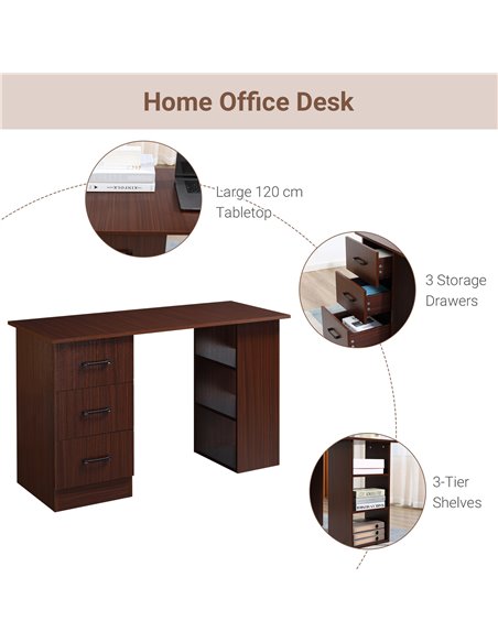 HOMCOM 120cm Computer Desk with Storage Shelves Drawers, Writing Table Study Workstation for Home Office, Walnut Brown - pic 7893 | FastDaddyshop