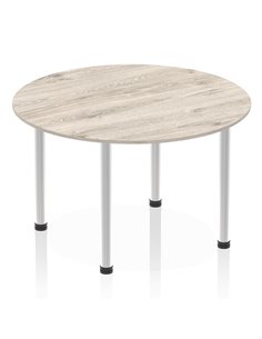 Dynamic Impulse 1200mm Round Table Grey Oak Top Brushed Aluminium Post Leg I003782