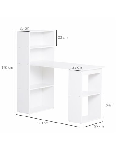 HOMCOM 120cm Modern Computer Desk Bookshelf  Writing Table Workstation PC Laptop Study Home Office 6 Shelves White