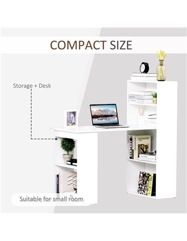 HOMCOM 120cm Modern Computer Desk Bookshelf  Writing Table Workstation PC Laptop Study Home Office 6 Shelves White