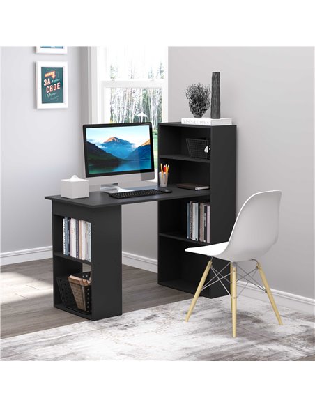 HOMCOM 120cm Modern Computer Desk Bookshelf  Writing Table Workstation PC Laptop Study Home Office 6 Shelves Black - pic 8102 | FastDaddyshop