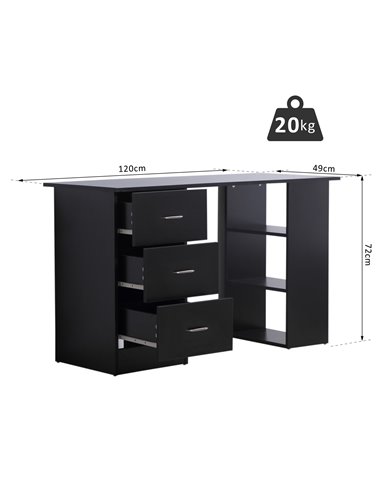 HOMCOM Modern Style Computer Desk Writing PC Table Workstation Laptop Study Stationery Cupboard w/ 3 Shelf & Drawers - Black 120