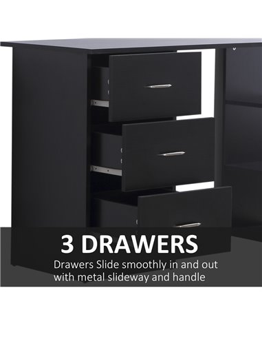 HOMCOM Modern Style Computer Desk Writing PC Table Workstation Laptop Study Stationery Cupboard w/ 3 Shelf & Drawers - Black 120