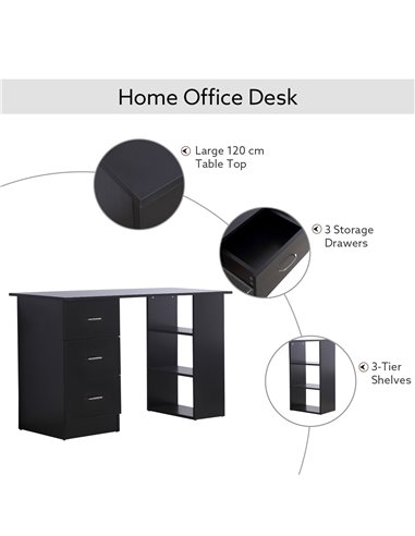 HOMCOM Modern Style Computer Desk Writing PC Table Workstation Laptop Study Stationery Cupboard w/ 3 Shelf & Drawers - Black 120