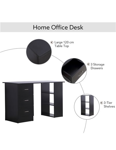 HOMCOM Modern Style Computer Desk Writing PC Table Workstation Laptop Study Stationery Cupboard w/ 3 Shelf & Drawers - Black 120 - pic 8122 | FastDaddyshop