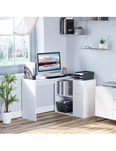 HOMCOM L-Shaped corner computer desk Table Study Table PC Workstation with Storage Shelf Drawer Home Office white 2