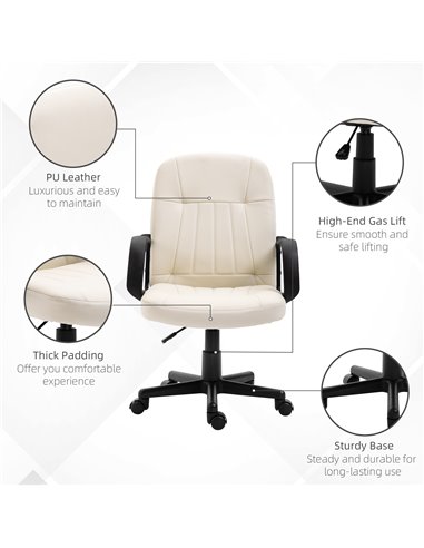 HOMCOM Swivel Executive Office Chair Home Office Mid Back PU Leather Computer Desk Chair for Adults with Arm, Wheels, Cream