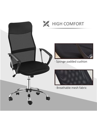 HOMCOM Swivel Office Chair Mesh Fabric Executive Chair Seat Home Desk Chairs Armchair with Wheel, Black