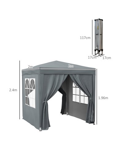Outsunny Garden Pop Up Gazebo Marquee Party Tent Canopy with free Carrying Case, Removable 2 Walls, 2 Windows, 2m x 2m, Grey 84C