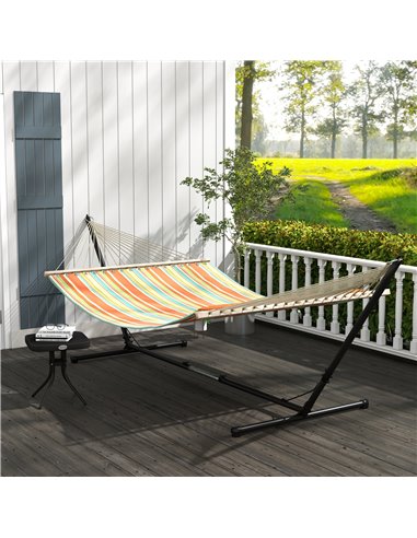 Outsunny Outdoor Garden Hammock with Stand, Double Cotton Hammock with Steel Frame, Swing Hanging Bed with Pillow, for Patio, Be