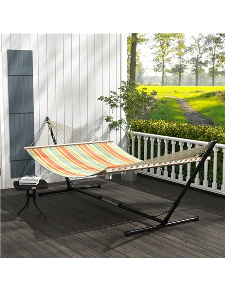 Outsunny Outdoor Garden Hammock with Stand, Double Cotton Hammock with Steel Frame, Swing Hanging Bed with Pillow, for Patio, Be - pic 82058 | FastDaddyshop