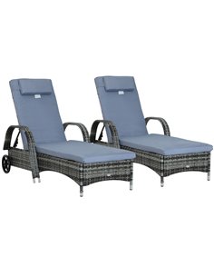 Outsunny 2PC Rattan Sun Lounger Recliner Bed Reclining Chair Patio Garden Wicker Weave Headrest w/ Fire Retardant Cushion, Grey 