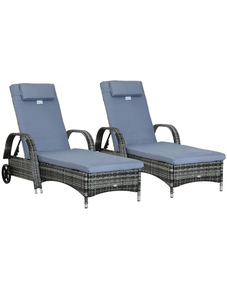 Outsunny 2PC Rattan Sun Lounger Recliner Bed Reclining Chair Patio Garden Wicker Weave Headrest w/ Fire Retardant Cushion, Grey  - pic 82111 | FastDaddyshop