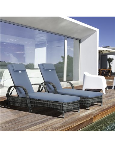 Outsunny 2PC Rattan Sun Lounger Recliner Bed Reclining Chair Patio Garden Wicker Weave Headrest w/ Fire Retardant Cushion, Grey 