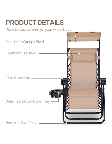 Outsunny 2 Piece Foldable Reclining Garden Chair w/ Headrest, Zero Gravity Deck Sun Lounger Seat Chair w/ Footrest, Cup Holder &