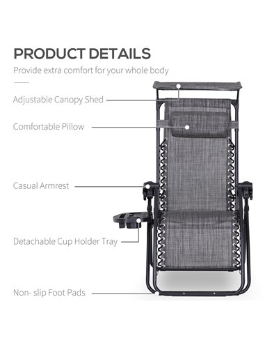 Outsunny 2 Piece Foldable Reclining Garden Chair with Headrest, Zero Gravity Deck Sun Lounger Seat Chair w/ Footrest, Armrest, C
